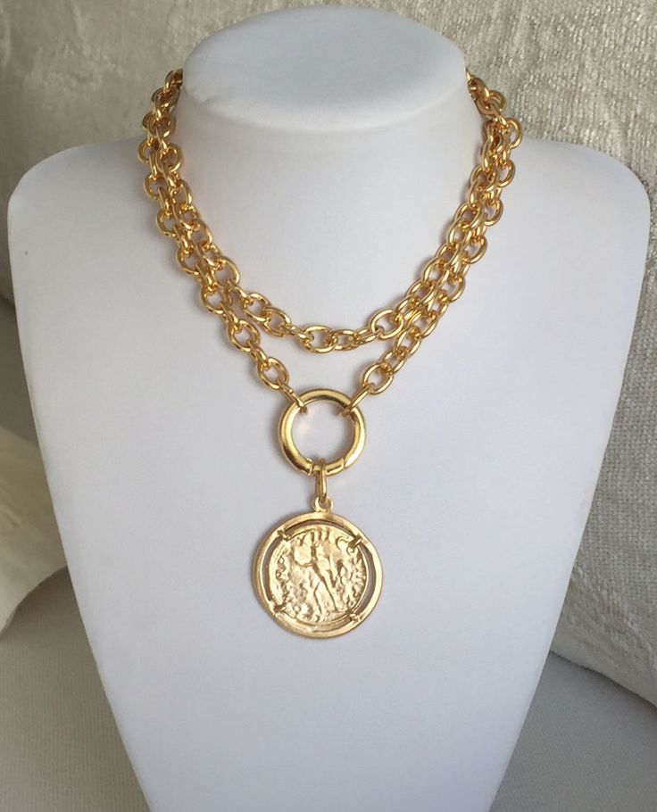 Chunky gold medallion necklace Gold coin necklace large coin | Etsy ...