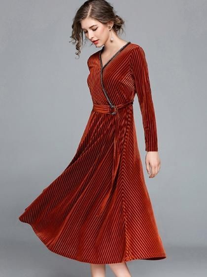 Dark Brown Velvet V Neck D Ring Belt Long Sleeve Midi Dress In 2018 Dark Brown Velvet V Neck D Ring Belt Long Sleeve Midi Dress