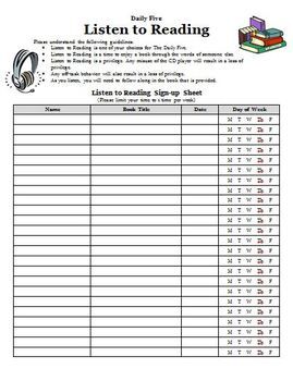 daily 5 listen to reading sign up chart for students school board