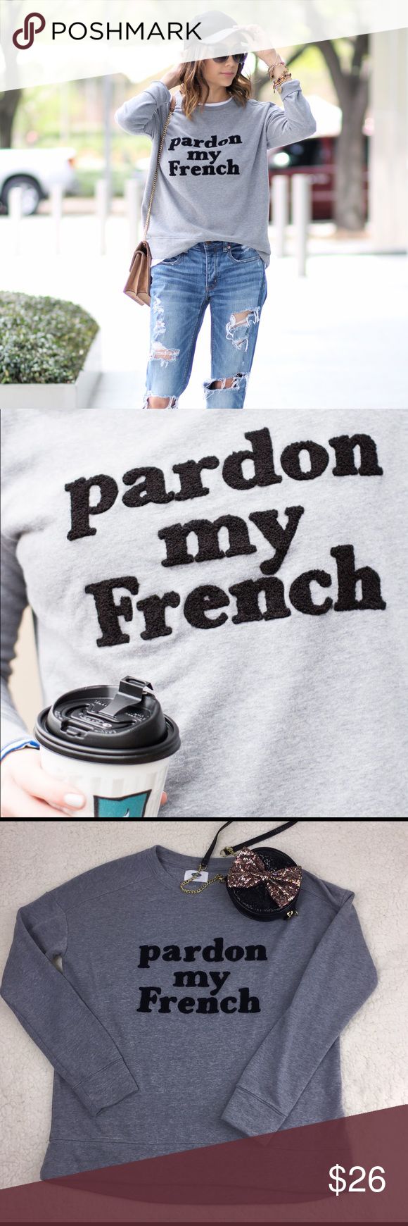 Old navy SX Size Pardon My French Sweatshirt. Size is a Sz• Textured lettering • High low hem• Pit to Pit 21”•Length 25” Back 24” front approx • Sleeves 19” from Pit to hem• Fabric 58% Cotton, 42% Polyester •Mint Condition • Credit pic to Daily Craving• Note: care tag and Composition is been cut• Fast Shipping • no trades• 🖤🖤 Old Navy Tops Sweatshirts & Hoodies