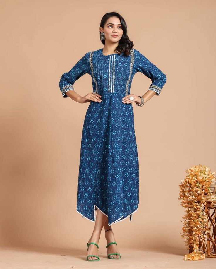 Readymade Linen One Piece Kurti For Women - Blue