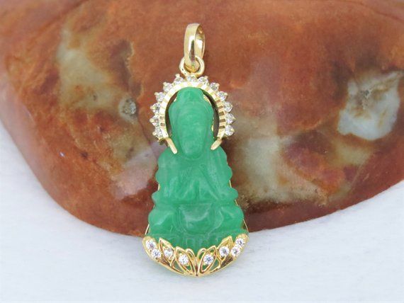 Vintage 18k Solid Gold Green Jadeite Jade White Topaz Quan Yin Kwan Buddha Pendant Jewelry - Kwan Yin Pendant Gold Vintage 18k Solid Gold Green Jadeite Jade White Topaz Quan Yin Kwan Buddha Pendant Jewelry - Kwan Yin Pendant Gold
