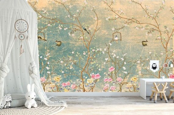 Cherry blossom Chinoiserie wall mural Removable wallpaper Peel and stick art Cherry blossom Chinoiserie wall mural Removable wallpaper Peel and stick art