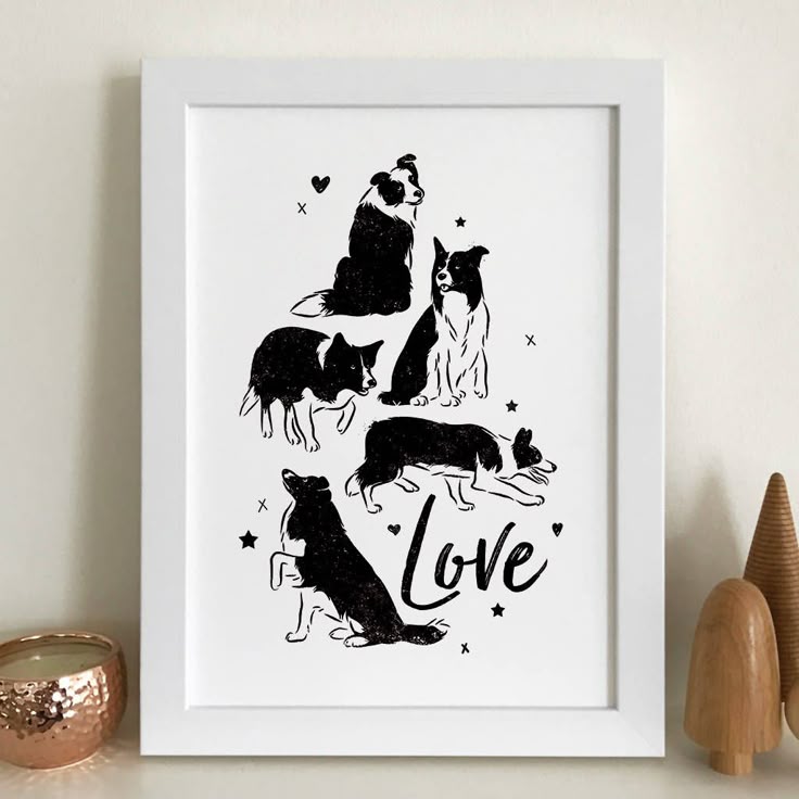 A modern 'Love' print for Border Collie lovers.Available as an A4 or A3 print. Framing is available for the A4 print only, with a black or white wood frame.The design features a series of silhouette illustrations of a Border Collie with the word 'Love' written in a modern script.Printed on 225gsm acid-free paper with pigment inks for long-lasting colour. Framing is available using a 22mm wide, 30mm deep black or white picture frame made from real radiata pine wood with a paint...