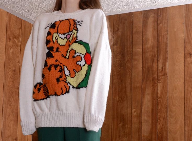 Handknit garfield sweater Etsy Sweaters, Hand knitting, Fabric tags