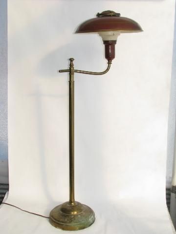 1940s Vintage Deep Red Tole Floor Lamp W Metal Helmet Light Shade Rembrandt Shades Rembrandt Lamp Helmet Light, Antique Floor Lamps 1940