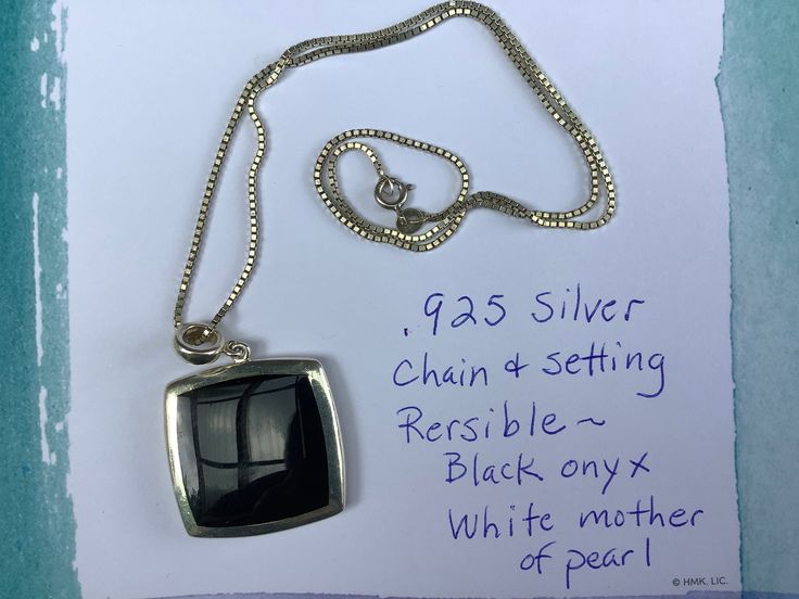 Reversible Black Onyx and Mother of Pearl 925 Sterling Silver Square Pendant Reversible Black Onyx and Mother of Pearl 925 Sterling Silver Square Pendant