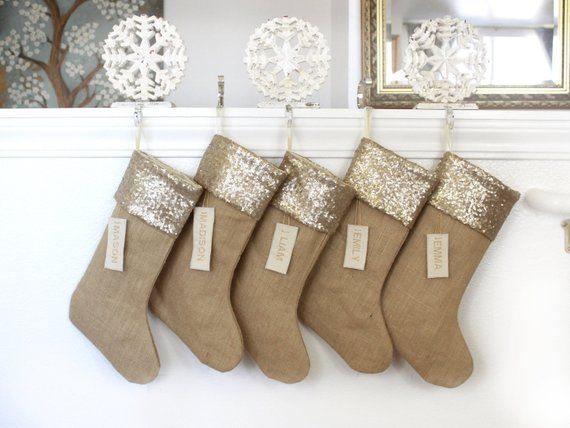 Burlap holiday decor Set of 5 PERSONALIZED Burlap Christmas Stockings Made in USA