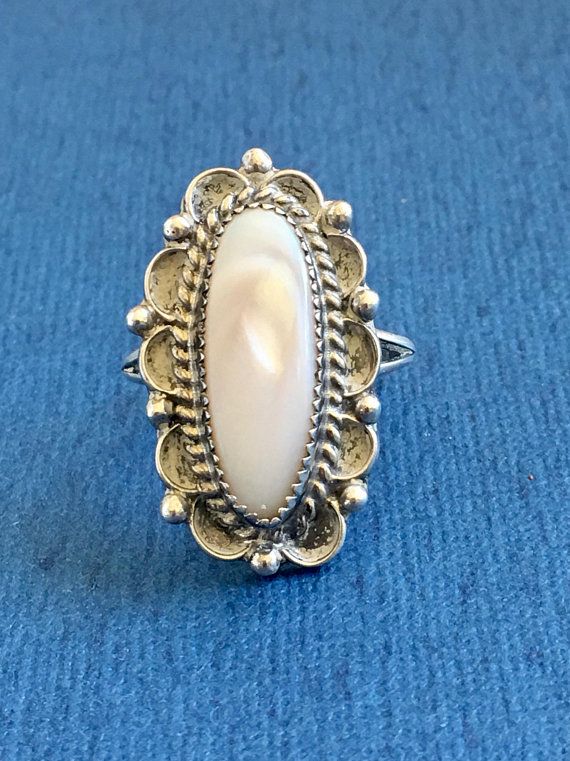 Large Vintage Southwestern Mother of Pearl Sterling Ring Size 8
