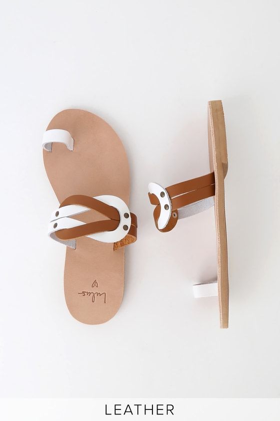 Skyros White And Tan Leather Slide Sandals Leather Slide Sandals Slide Sandals Tan Leather