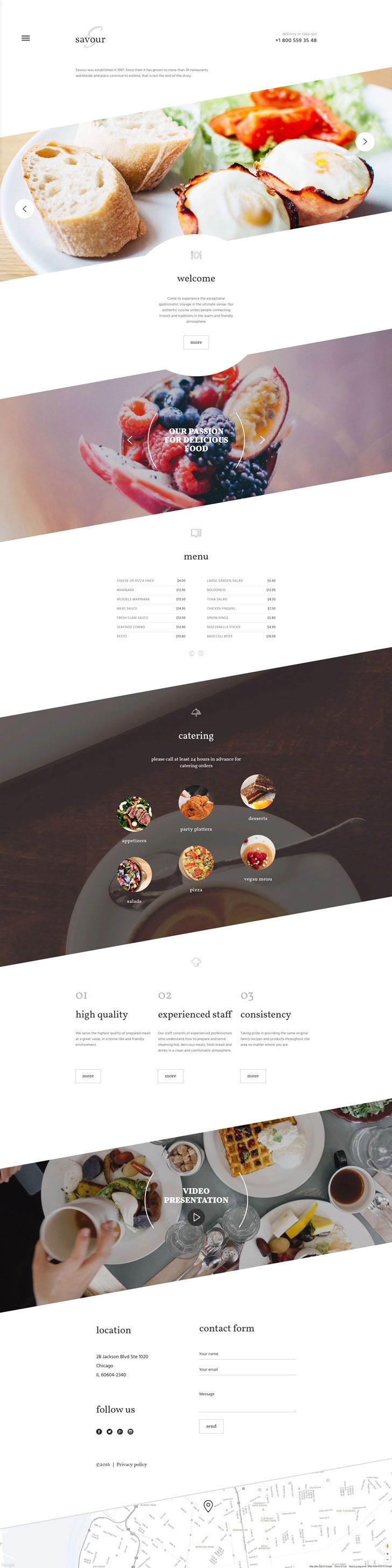 #Cafe and #Restaurant #Responsive #Website #Template.Who could resist a website with a design like this? It has an appetizing modern look, which is expressed in powerful imagery, diagonal lines, clean contact form at the bottom of the template and an exceptionally elegant image slider. Besides, it has a stick-to-top menu button which will get you back to the top of the template any moment. Put the phone number which they could use to make an order and boost the conversions of the website. This r