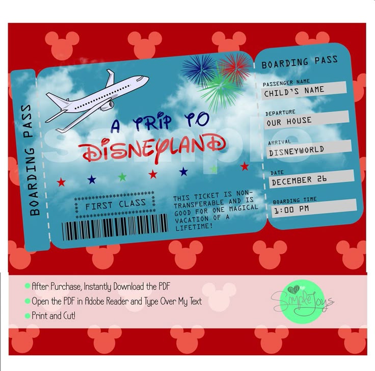 printable ticket to disney disneyworlddisneyland boarding etsy