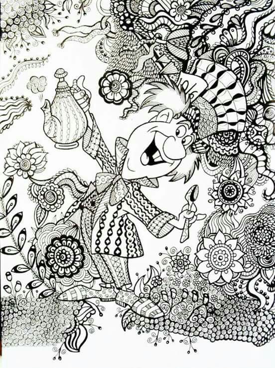 Mad Hatter Alice In Wonderland An Example Of How A Regular Coloring Book Printable Can Be Transformed With Zentangle