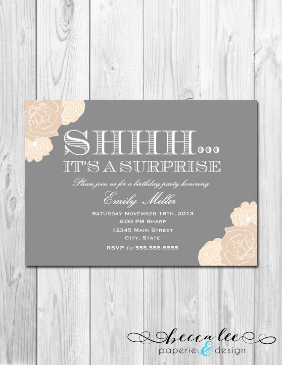 Surprise Birthday Party Invitation Grey And Surprise Birthday Party Invitation Grey And Tan Cream Flowers Polka Dot Backside Included Printable Parties Pinterest