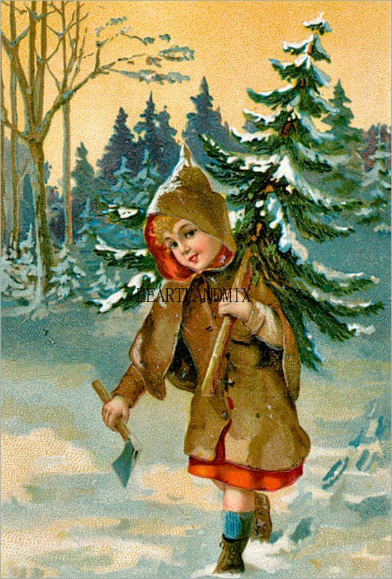 Antique Vintage Girl Bringing Home the Tree Digital Image wall art ...