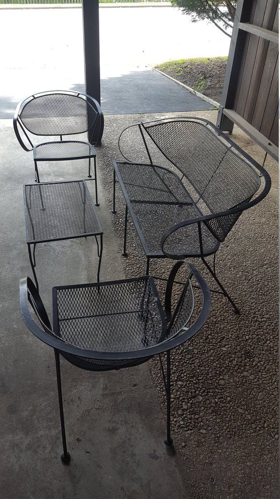 Mid Century Modern Salterini Style Black Wrought Iron Patio Furniture Chairs Set Wrought Iron Patio, Salterini Style Patio Furniture