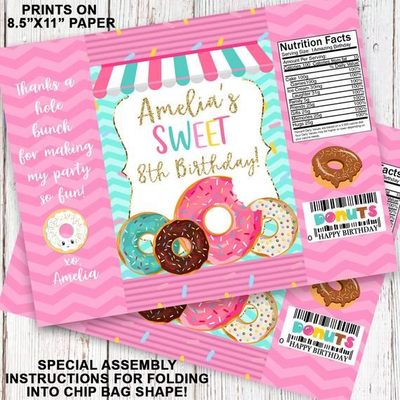 Digital File Donut Theme Chip Bag Party Favor Party Printables Donut Chip Bag First Birthday Custom Chip Bag Printed