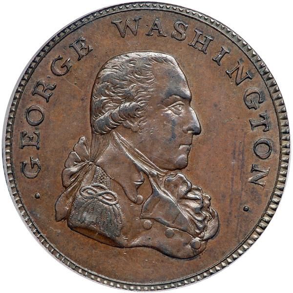 1795 Washington "Liberty and Security" Penny. "ASYLUM" edge. PCGS MS64 A gorgeous glossy iridescent brown example of the extremely rare large head variety. This apparently is the only example that has been graded by either service. The Liberty and Security design was created at the foundry of Peter Kempson and Son of Birmingham, England in the hopes of obtaining a contract from the United States government to provide coinage. A quantity of his penny size coppers were exported to America where they were put into circulation. However, the United States government never responded to the request by offering a contract. According to one researcher, apparently Kempson did not realize President Washington had rejected Hancock's 1791 Eagle Cents and Getz's 1792 pattern because he felt it was too monarchical for a coin to carry his portrait. As it was, the United States mint had been established in 1792 and there was no need to contract out the coinage to a foreign firm. There are two basic types in this series. The first, designed by the diecutter Thomas Wyon is an undated copper penny size (33mm) token minted by Peter Kempson and Son of Birmingham. The second type in the series is considered to be later than the Kempson copper. It was designed by three diecutters named Arnold, Dixon and Mainwaring and minted by William Lutwyche in Birmingham. This coin is somewhat smaller (29mm) than the undated "penny" sized copper and is frequently referred to as a "halfpenny." The obverse of this copper token includes the legend "GEORGE WASHINGTON" and adapted the right facing bust of Washington found on Kempson's 1795 "Grate" halfpenny token (made for the Clark and Harris Company of London, merchants of fire grates and stoves). The reverse copied the Kempson coin described above, except there was a longer olive branch in the eagle's talon and most significantly, the date 1795 was added under the shield. This token comes in four varieties: with an edge legend reading either, "PAYABLE AT LONDON LIVERPOOL OR BRISTOL" or "BIRMINGHAM REDRUTH & SWANSEA" or "AN ASYLUM FOR THE OPPRESS'D OF ALL NATIONS" as well as with a plain edge. The plain edge variety was struck on slightly smaller planchets and therefore weigh less that the other varieties. There are also two mules using the 1795 "LIBERTY AND SECURITY". Finally, there is this very rare larger version (33mm) of the "halfpenny" token usually referred to as a "penny", of which about ten examples exist with the "ASYLUM" edge (Baker 32), and one example with a plain edge (Baker 32A) . Estimated Value $60,000-UP. #Coins #Tokens #MADonC