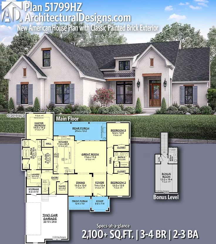 Architectural Designs New American Home Plan 51799HZ gives you 3-4 bedrooms, 2-3...