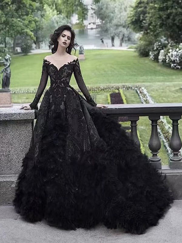 Black Scoop Neckline Long Sleeve V-Neck With Appliques Prom Dresses,SFPD0189 Black Scoop Neckline Long Sleeve V-Neck With Appliques Prom Dresses,SFPD0189