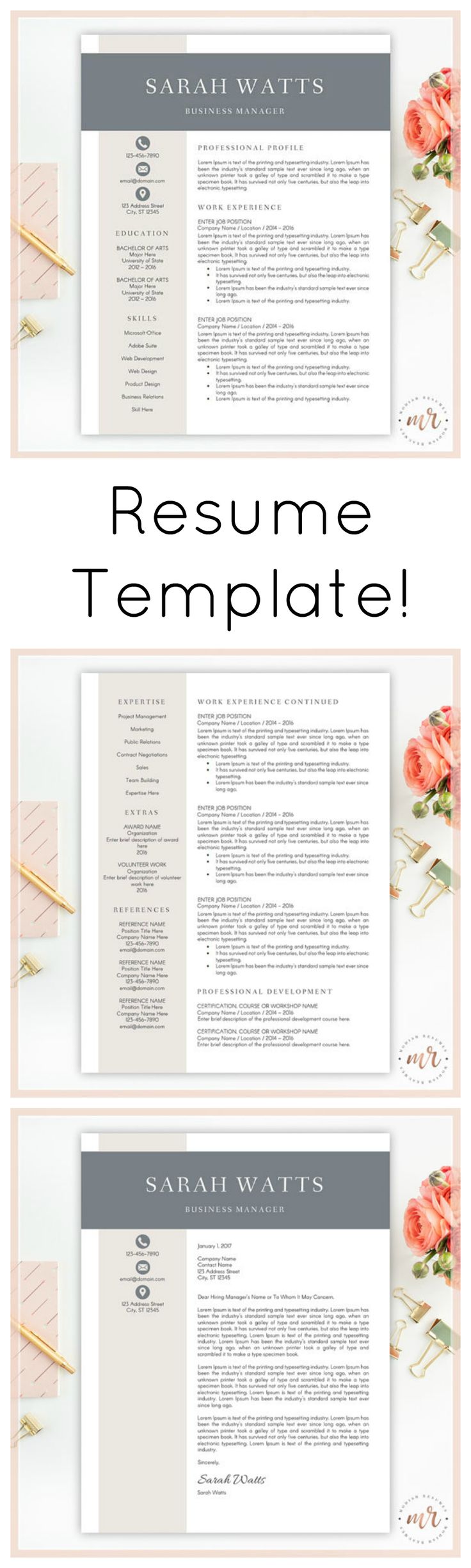 Love this stylish and professional resume template! Impress hirers and recruiters! Improve the look and feel of your resume with this resume template designed for use in Microsoft Word. Includes resume template, optional second page, cover letter and references sheet. All colors, including icon colors, can be changed directly in Word. #resume #cv #template #resumetemplate #cvtemplate #professional #jobhunting #career #ad