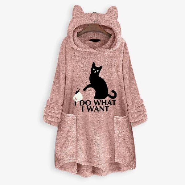 Fastbot Fleece Jacket Women Pullover Hoodie Fleece Hooded Sweatshirt Cat Ear Pocket Solid Warm Winter Oversized Outwear