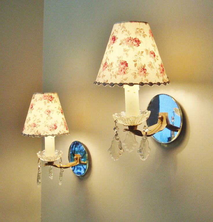 Pair Vintage French Mirrored Sconces Shabby Country Style Wall Handmade Lampshades Mirror Pair Vintage French Mirrored Sconces, Country Style Lampshades