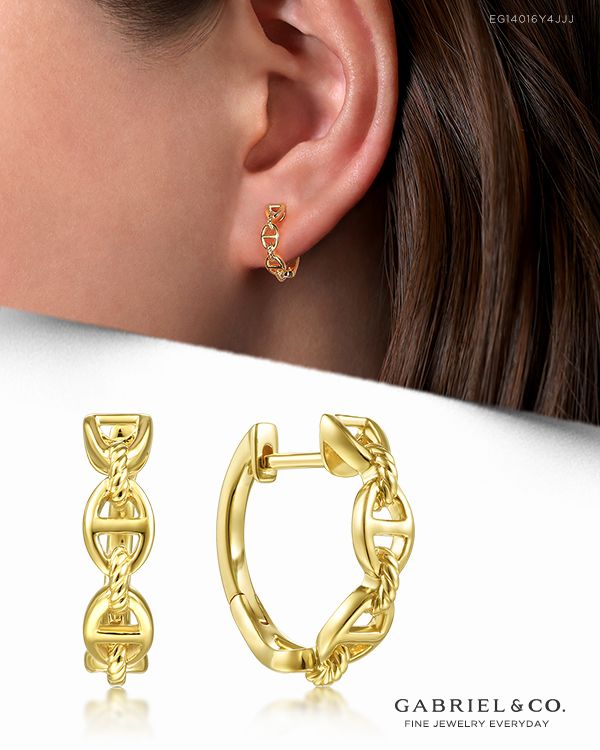 14K Yellow Gold 15mm Chain Pattern Huggie Earrings | Huggies 14K Yellow Gold 15mm Chain Pattern Huggie Earrings | Huggies