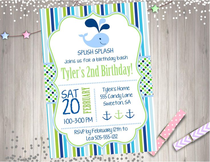 Whale Birthday Invitation invite Boy birthday 1st birthday party invitation nautical blue green whale party printable DIY