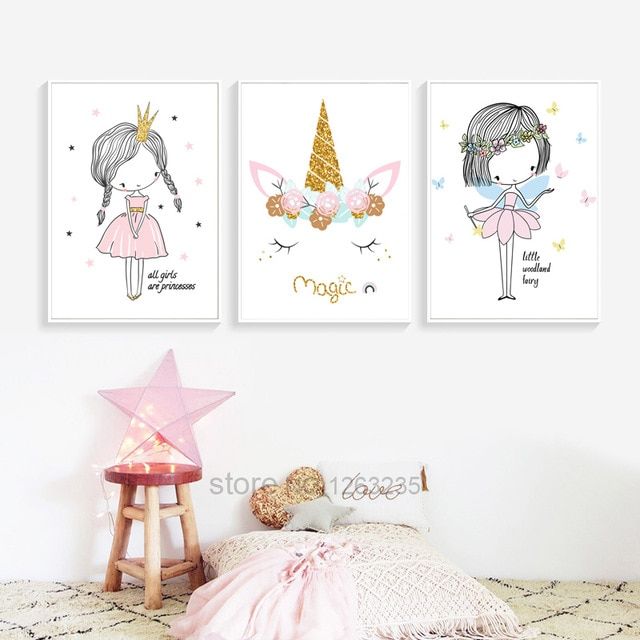 Set of 3 Personalised Princess and Unicorn Girls Bedroom Wall Art Prints A4 A5