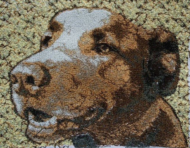 Meet Bentley - an embroidered pet portrait. Commissions taken, just email us a high resolution image in jpeg format for a free no-obligation quotation. info@thehebrideandesigncompany.com