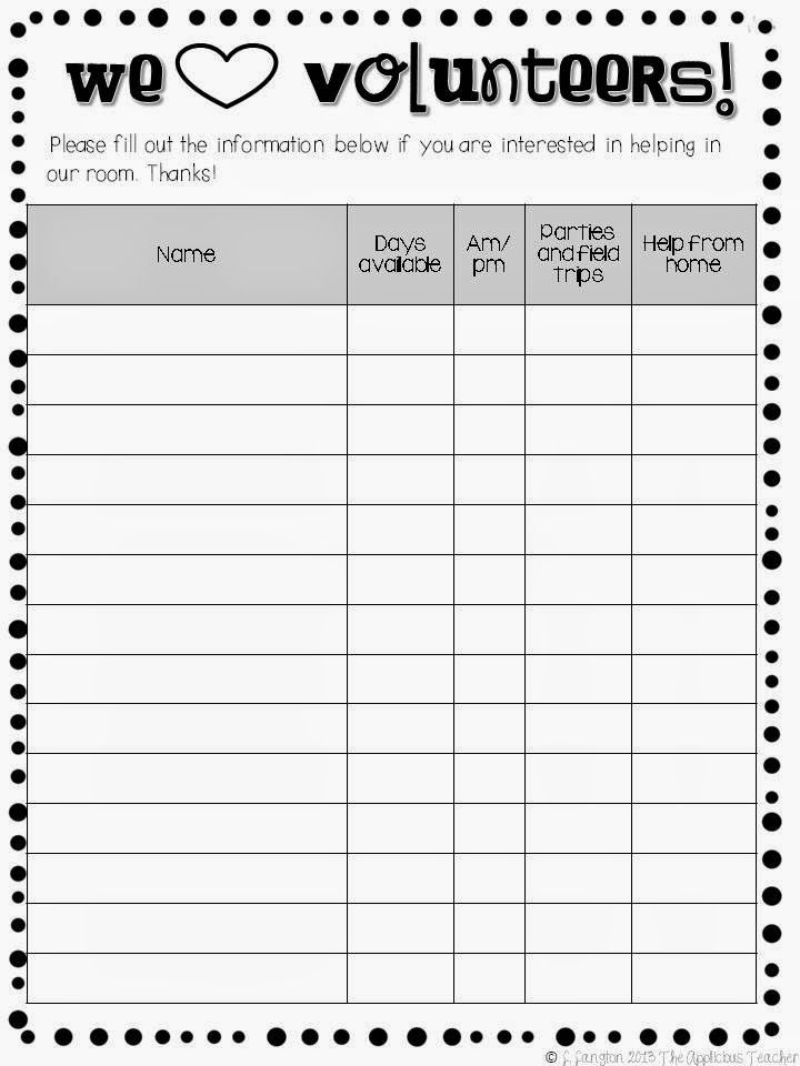 parent volunteer sign up sheet