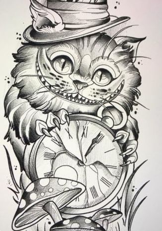 alice tattoo cheshire wonderland drawings sketches chat desenho tattoos sleeve tatuagem cat dessin draw da disney gato tatouage illustration palhaço