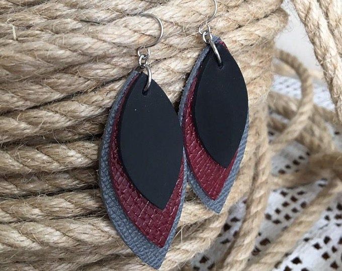 Genuine real brown suede leather and golden leaf handmade dangle earrings.