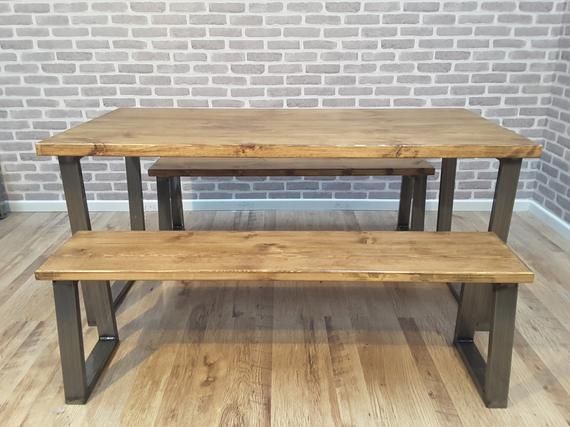 Mesa De Comedor Industrial Y Banco Con Patas De Acero Plateado Oficina A Medida Muebles De Restaur Rustic Kitchen Tables Dining Table Industrial Dining Table