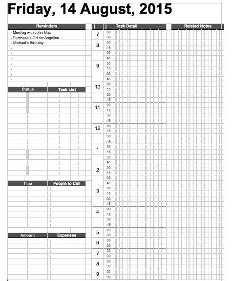daily schedule template excel
