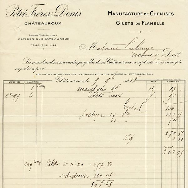 This vintage French receipt for Petit Freres & Denis is dated 9, 9, 1918. Click on image to enlarge.