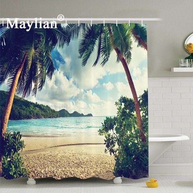Summer Holidays in Beach Seashore Shower Curtain Set Bathroom Polyester Fabric