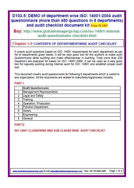 iso 14001 environment management system audit check list internal audit report template