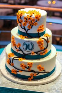 17 Best Vibrant Teal Orange And C Wedding Cake Ideas Images The Erica Ercream With Teal Ribbon And Orange Blossoms Wedding Cakes