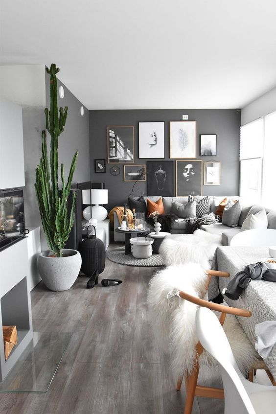 modern scandinavian living room with grey and white details