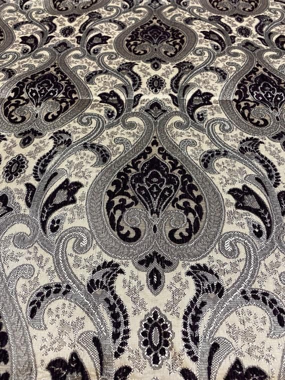 Black Silver Santamon Chenille Fabric Damask Print upholstery furniture fabric by the yard