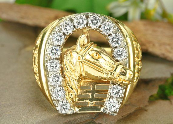 10k or 14k Yellow Gold Impressive Ladies Lucky Horse with Horseshoe Ring