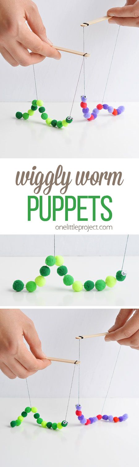 two pictures showing how to make a wiggly worm puppet with yarn and toothpicks