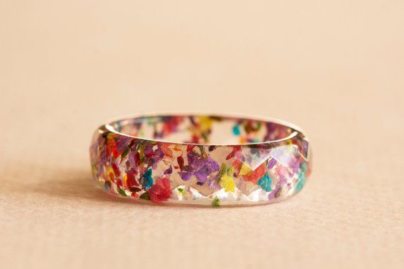 Thin Resin Ring with Yellow Purple Queen Annes Lace Flowers
