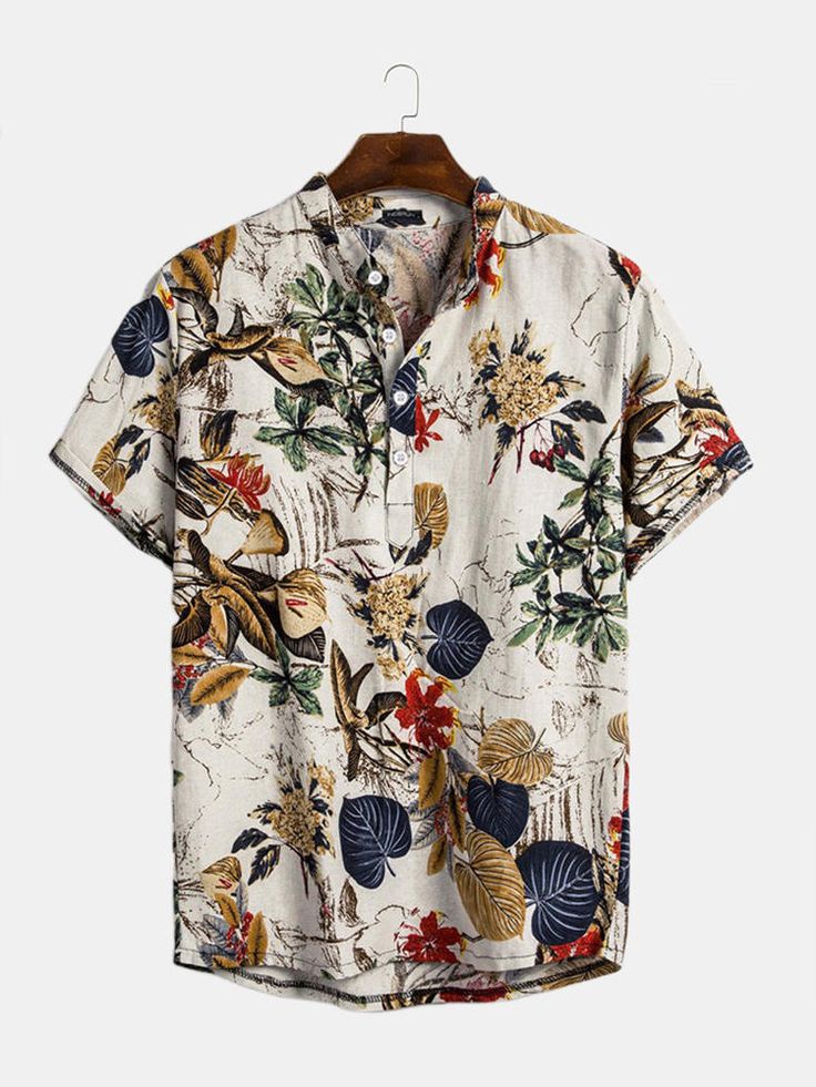 Colourful Mens Hawaiian Short-Sleeve Floral Linen Lapel Collar Beach Shirts Colourful Mens Hawaiian Short-Sleeve Floral Linen Lapel Collar Beach Shirts