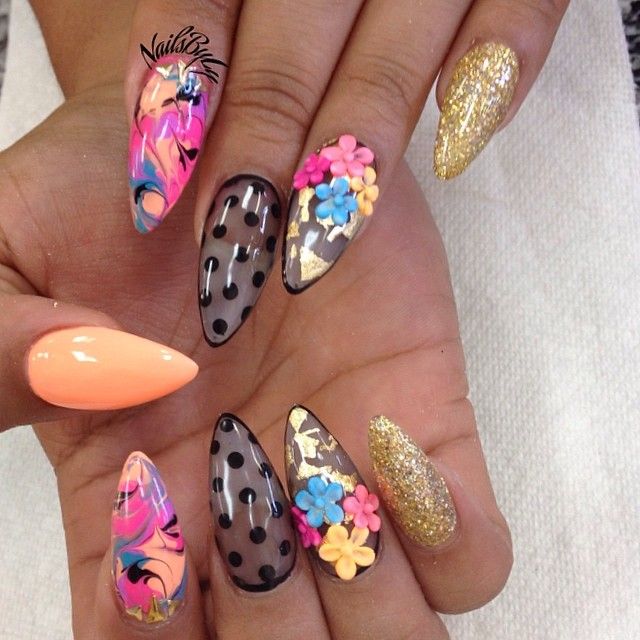 Best 25+ Junk Nails Ideas On Pinterest Nail Designs Bling Orange see thru black polka dots colorful stiletto almond acrylic nails summer fun - Best 25+ Junk Nails Ideas On Pinterest Nail Designs Bling