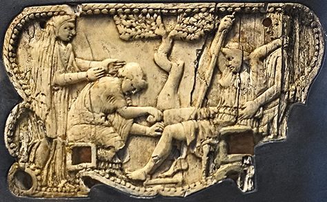 Scene of childbirth in relief on an ivory plaque attached to one end of a papyrus winder (a roller for holding the papyrus while reading). The pregnant woman sits on a birthing chair. Behind her, a standing woman holds her steady as she lifts her left arm backwards to grasp the attendant. The midwife kneels in front of the mother with a sponge in her right hand. Behind her stands a veiled woman who extends her hands toward the mother. Roman. From Pompeii, Region I, Insula 2, first centuryâ¦