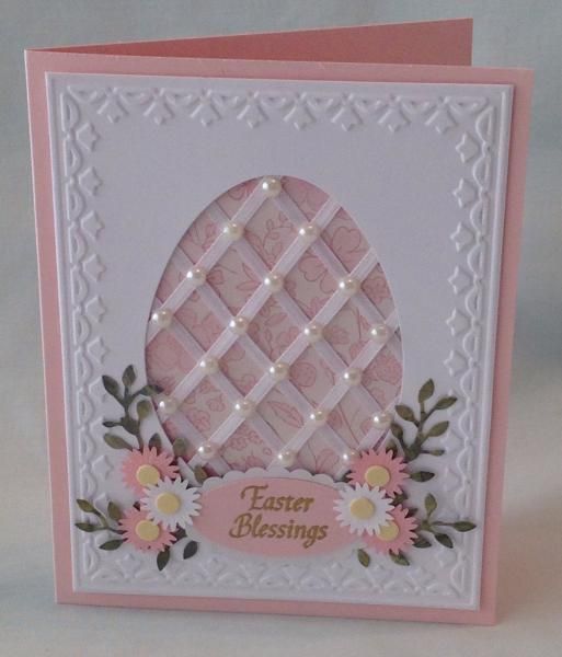 Lovely Ideas For Making Easter Cards Part - 10: Lattice Work Easter Card - Oval Window With Thin Ribbon Forming A Lattice - Pearls On Each Crossing - Tulip Frame Main Panel