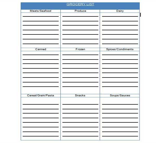 household shopping list template